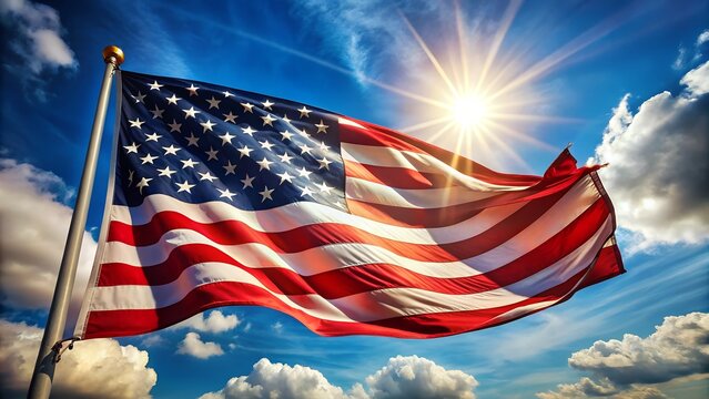 American Flag: Bright Sunny Day, Patriotism, National Pride, Dramatic Cloudscape