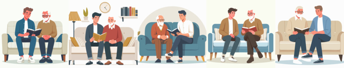 Flat Style Grandfather Reading Book With Young Man Sitting Together Illustration