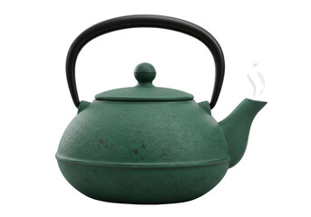 Isolated Dark Green Cast Iron Teapot with Steam