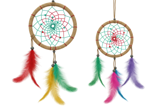 Isolated Pair of Colorful Dreamcatchers with Feathers