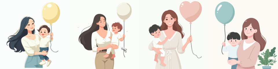 Simple Illustration Mother and Child with Balloon for Mother's Day Collection