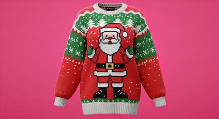 Colorful Christmas sweater featuring Santa Claus with festive patterns and bright colors