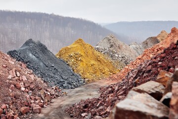 Colorful piles of extracted minerals and rocks at an open mining site, surrounded by a barren forest and misty hills