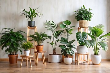 A variety of lush green houseplants displayed on wooden stands against a textured wall