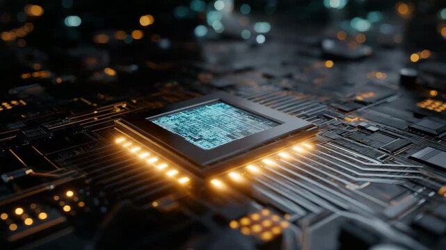 AI microchip with glowing rare earth mineral elements overlay, dark metallic background, modern tech concept, rare earth supply chain