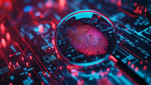All-red and blue tones, digital identity, biometric technology, circuit board background, high-tech mood, virtual reality, magnifying glass focusing on a fingerprint, futuristic style, glowing lines