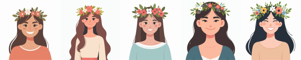 Flat Style Diverse Woman with Floral Crown Portrait Character Illustration