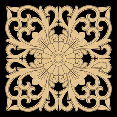 This classic wood carving design illustrates a central flower with elegant swirling leaves.