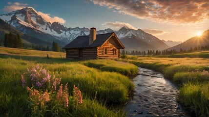 Obraz premium mountain landscape and a hut in the morning