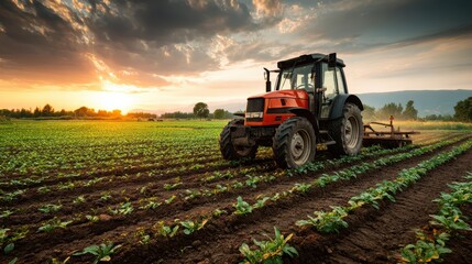 Fototapeta premium A red tractor works on a lush green field at sunset, preparing the soil for crops under a dramatic sky with clouds and sunlight