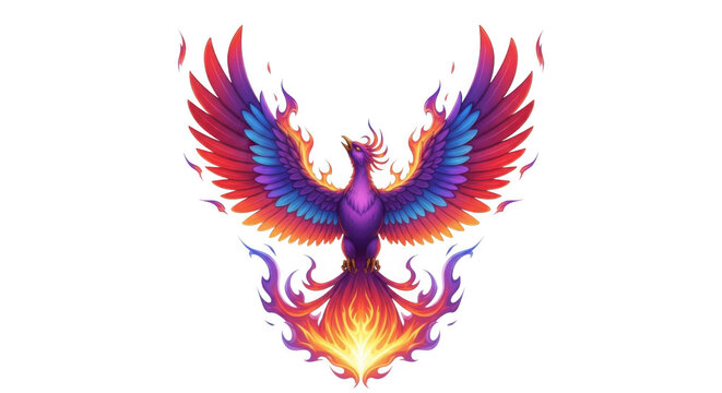 Majestic fiery phoenix rising from flames with vibrant rainbow wings