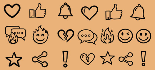 Collection of hand drawn social media icons featuring hearts likes bells chat bubbles fire faces broken hearts and stars on a warm beige background