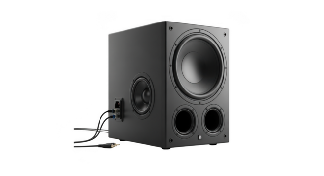 Modern black subwoofer with dual ports and visible woofer against black background