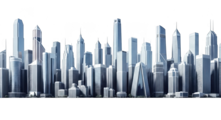 Modern cityscape silhouette featuring numerous tall futuristic skyscrapers against a black background