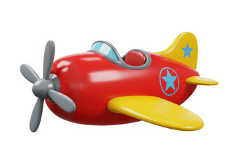 Isolated Red and Yellow Cartoon Toy Airplane with Blue Stars, 3D Render