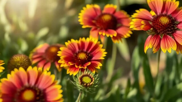 Vibrant Gaillardia Flowers with Red Petals and Yellow Tips Blooming in a Lush Green Garden Under Bright Sunlight During Summer