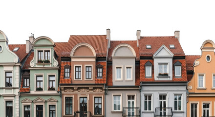 Colorful historic european townhouses with ornate architecture against a black background
