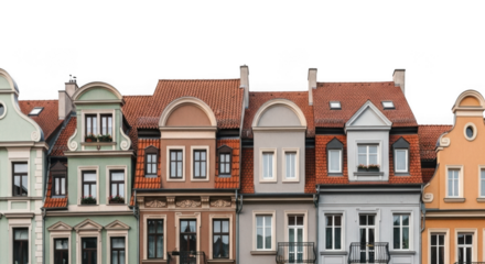 Colorful historic european townhouses with ornate architecture against a black background