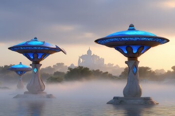 Glowing, ornate lamps on water, misty landscape