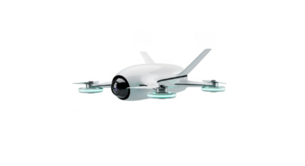 Futuristic white drone with sleek design against a stark black background