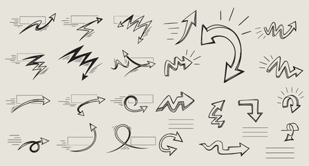 Collection of hand drawn sketchy arrow doodles and directional symbols illustrating movement and ideas on a light background