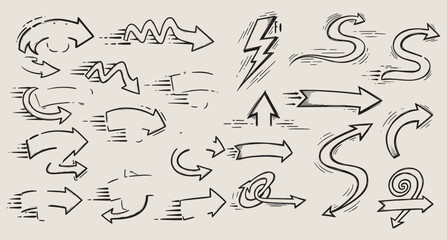 Collection of hand drawn rough sketch arrows and symbols showing direction movement and progress on a light background