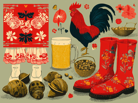 Illustration of Walloon cultural elements: escargots, beer, folk costumes, red rooster flag