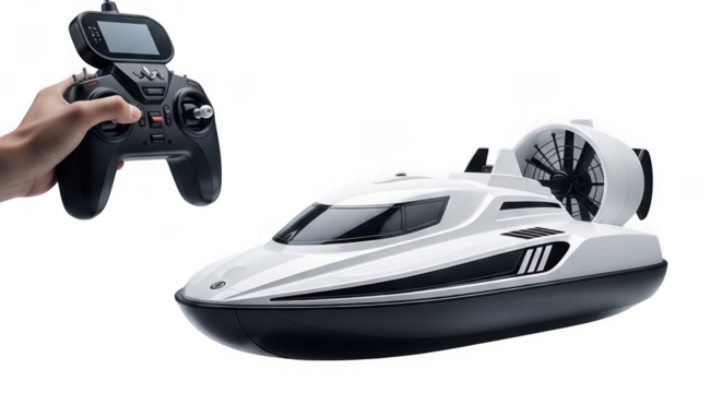 Remote controlled white hovercraft with fan and controller in hand