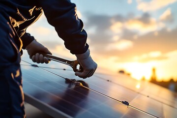 A worker installing solar panels on a rooftop, using a wrench during sunset.