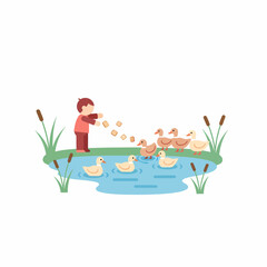 Child Feeding Ducks by a Pond: Cartoon Illustration of a boy tossing bread to a group of ducks some swimming others on the bank.