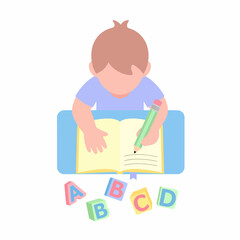 Minimalist illustration of a young child learning to write with a pencil surrounded by colorful alphabet blocks.