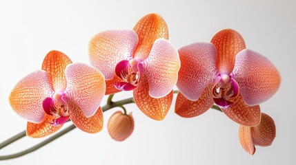 Plakat Three vibrant orange-pink orchids with speckled petals bloom on a slender green stem against a white background.