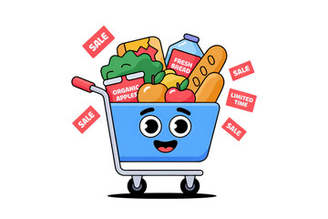 Smiling Shopping Cart Character Filled with Groceries and Sale Signs on a Neutral Background
