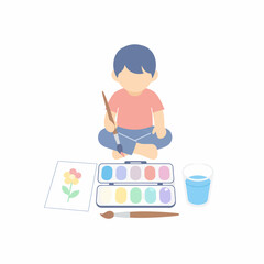 Minimalist cartoon child sitting cross-legged painting a vibrant flower with a paintbrush and watercolor palette.