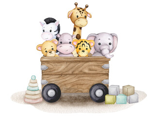 Cute little animals in a basket. Children's toys. Hand drawn watercolor illustration. Composition for Baby shower, baby shower party, baby gender reveal party, birthday, children's party. 
