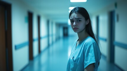 a sad and crying young medical student in hospital uniform in the hospital corridor