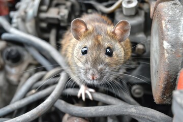 A rat is seen among car engine wires, highlighting the issue of rodents invading vehicle compartments