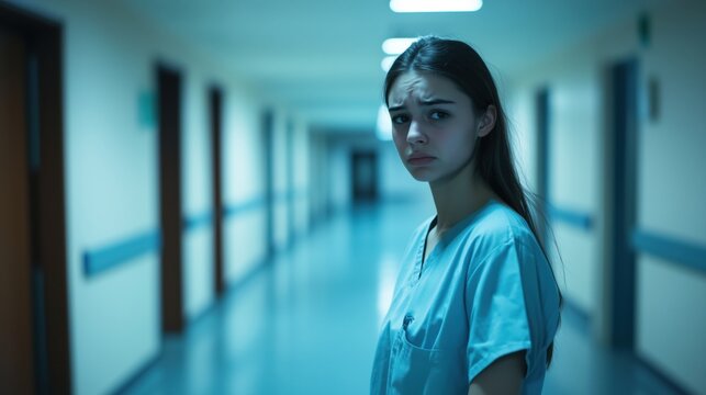 a sad and crying young medical student in hospital uniform in the hospital corridor - Powered by Adobe