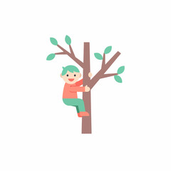 Joyful cartoon boy with green hair in colorful clothes happily climbing a simple brown tree.