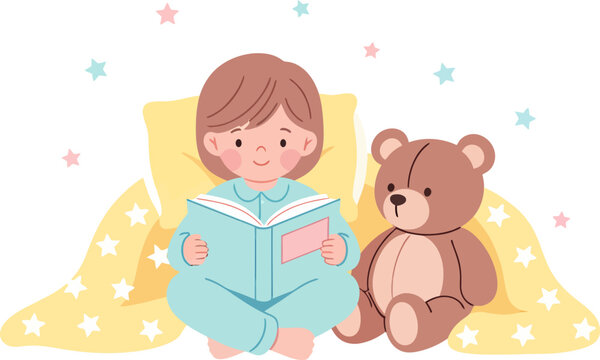 Cute cartoon girl in blue pajamas reading a bedtime story next to her brown teddy bear.