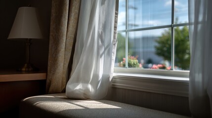 Fototapeta premium A cozy interior scene featuring a bright window with sheer curtains, sunlight casting shadows, and a hint of outdoor greenery.