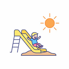 Joyful child sliding down a yellow playground slide under a bright sun.