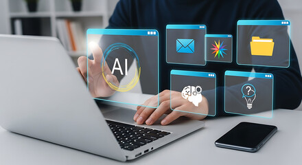Person interacting with an ai interface on a laptop screen, showcasing artificial intelligence concepts and digital applications