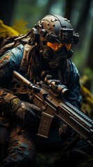 a male soldier holding a rifle in the middle of the forest