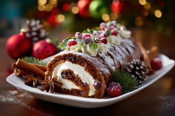 A festive yule log cake decorated with cream, cranberries, and sugared greenery, surrounded by holiday ornaments, pinecones, and spices