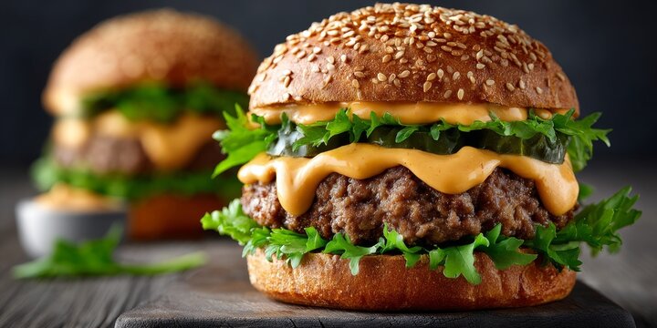 Delicious sesame seeded burger with layers of fresh ingredients, a culinary delight for lunch.