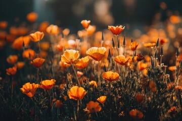 A vibrant field of orange poppies glows in warm sunlight, creating a dreamy and enchanting springtime atmosphere