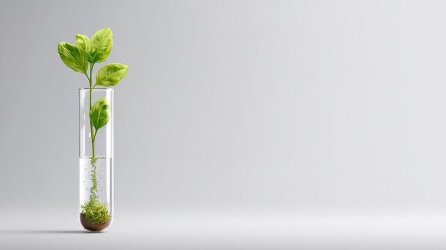 Test tube sprouting basil leaf, representing food innovation - Powered by Adobe