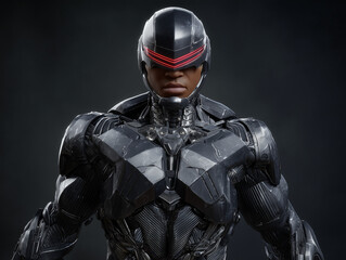 Futuristic soldier wearing powered armor and helmet