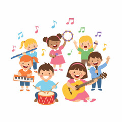 Happy multicultural childrens band playing various musical instruments together surrounded by colorful musical notes.